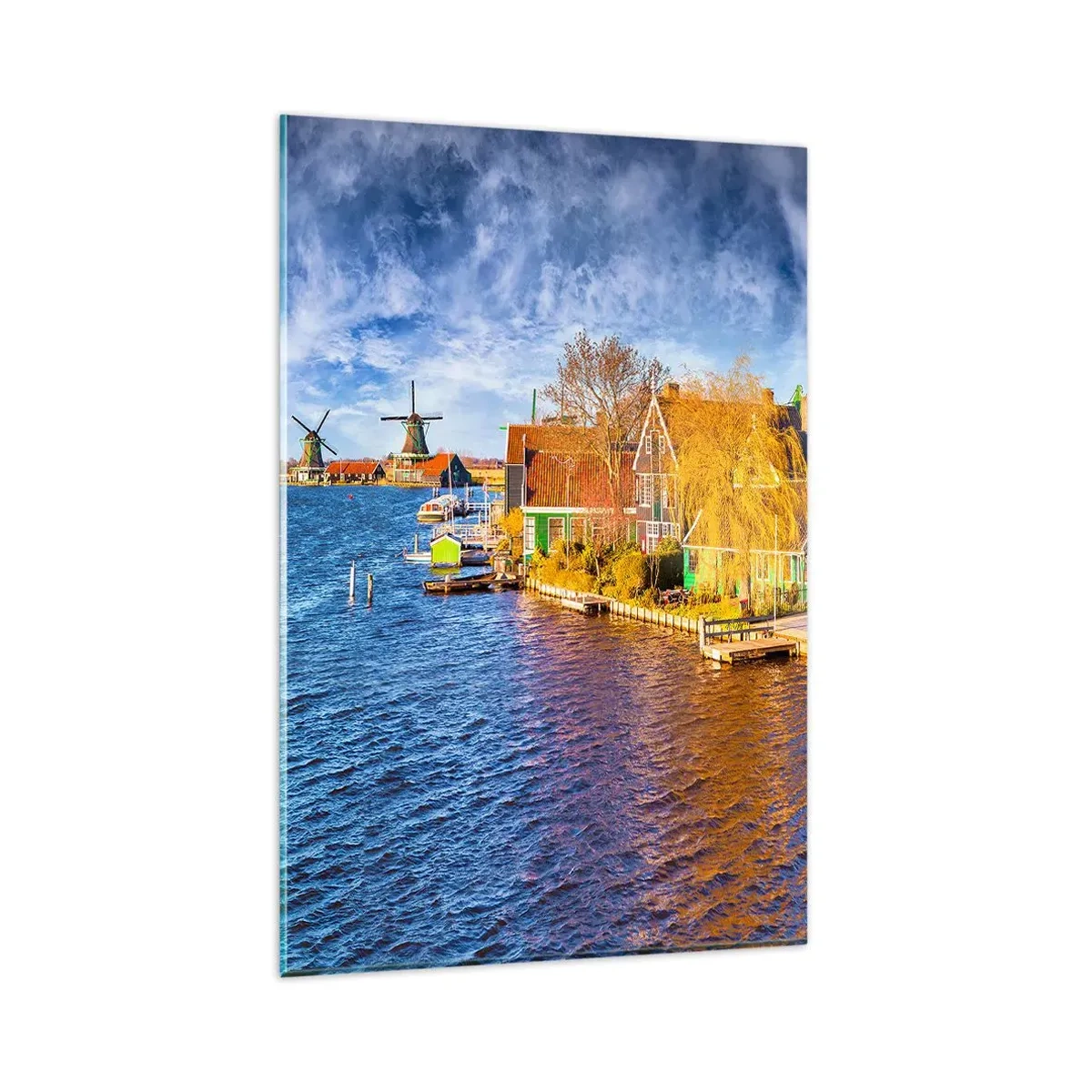 Glasbild - Bild auf glas - Malerische Häuser und Windmühlen am Wasser - 80x120cm - Seit Jahrhunderten keine Veränderung - Moderne Wanddekoration für Wohnzimmer und Schlafzimmer ARTTOR