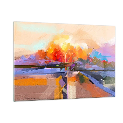 Glasbild - Bild auf glas - Abstrakte Landschaft mit Sonnenuntergang und bunten Feldern - 120x80cm - Der Herbst ist geworden - Moderne Wanddekoration für Wohnzimmer und Schlafzimmer ARTTOR