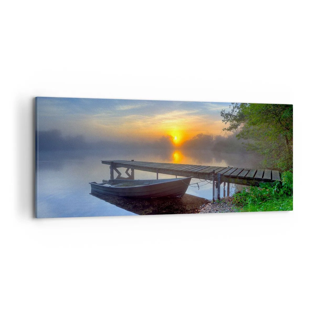 Bild auf Leinwand - Leinwandbild - Ein Seesteg bei Sonnenaufgang mit einem Boot am Ufer - 120x50cm - Wie aus Gewöhnlichem Magie wird - Moderne Wanddekoration für Wohnzimmer und Schlafzimmer ARTTOR
