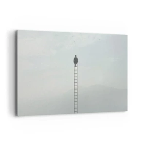 Bild auf Leinwand - Leinwandbild - Ein Mann auf einer Leiter, die in den Himmel ragt - 100x70cm - Erhebe dich darüber! - Moderne Wanddekoration für Wohnzimmer und Schlafzimmer ARTTOR