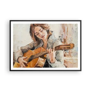 Poster in einem schwarzem Rahmen - Porträt eines Gitarre spielenden Mädchens in malerischem Stil mit warmen Farben. - 100x70cm - Konzert für Gitarre und Mädchenherz - Moderne Wanddekoration für Wohnzimmer und Schlafzimmer ARTTOR