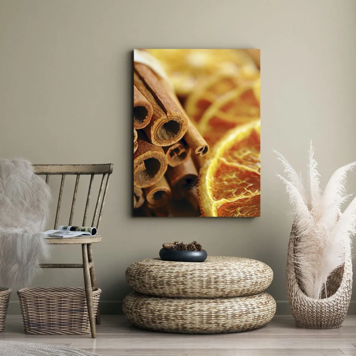 Bild auf Leinwand - Leinwandbild - Zimtstangen mit getrockneten Orangenscheiben in warmen Farben - 50x70cm - Kannst du ihr Aroma riechen? - Moderne Wanddekoration für Wohnzimmer und Schlafzimmer ARTTOR