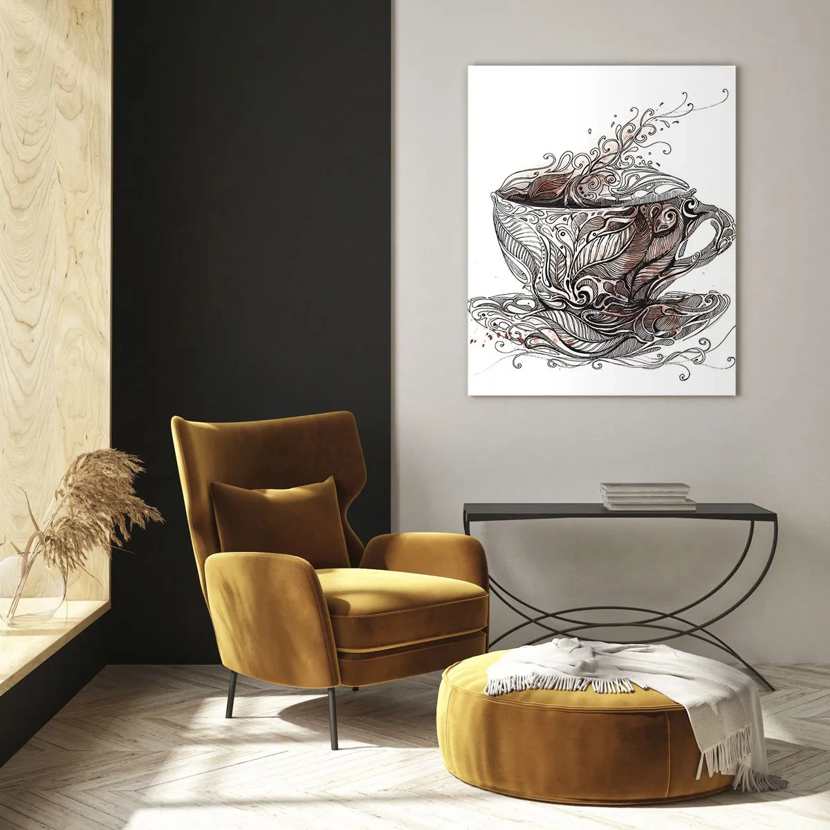 Glasbild - Bild auf glas - Dekorative Kaffeetasse mit kunstvollem Muster - 80x120cm - Tee für alles - Moderne Wanddekoration für Wohnzimmer und Schlafzimmer ARTTOR