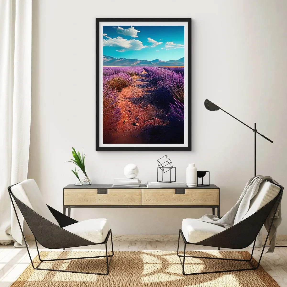 Poster in einem schwarzem Rahmen - Ein Lavendelfeld bei Sonnenuntergang mit einer Berglandschaft im Hintergrund - 50x70cm - Duftende Felder - Moderne Wanddekoration für Wohnzimmer und Schlafzimmer ARTTOR