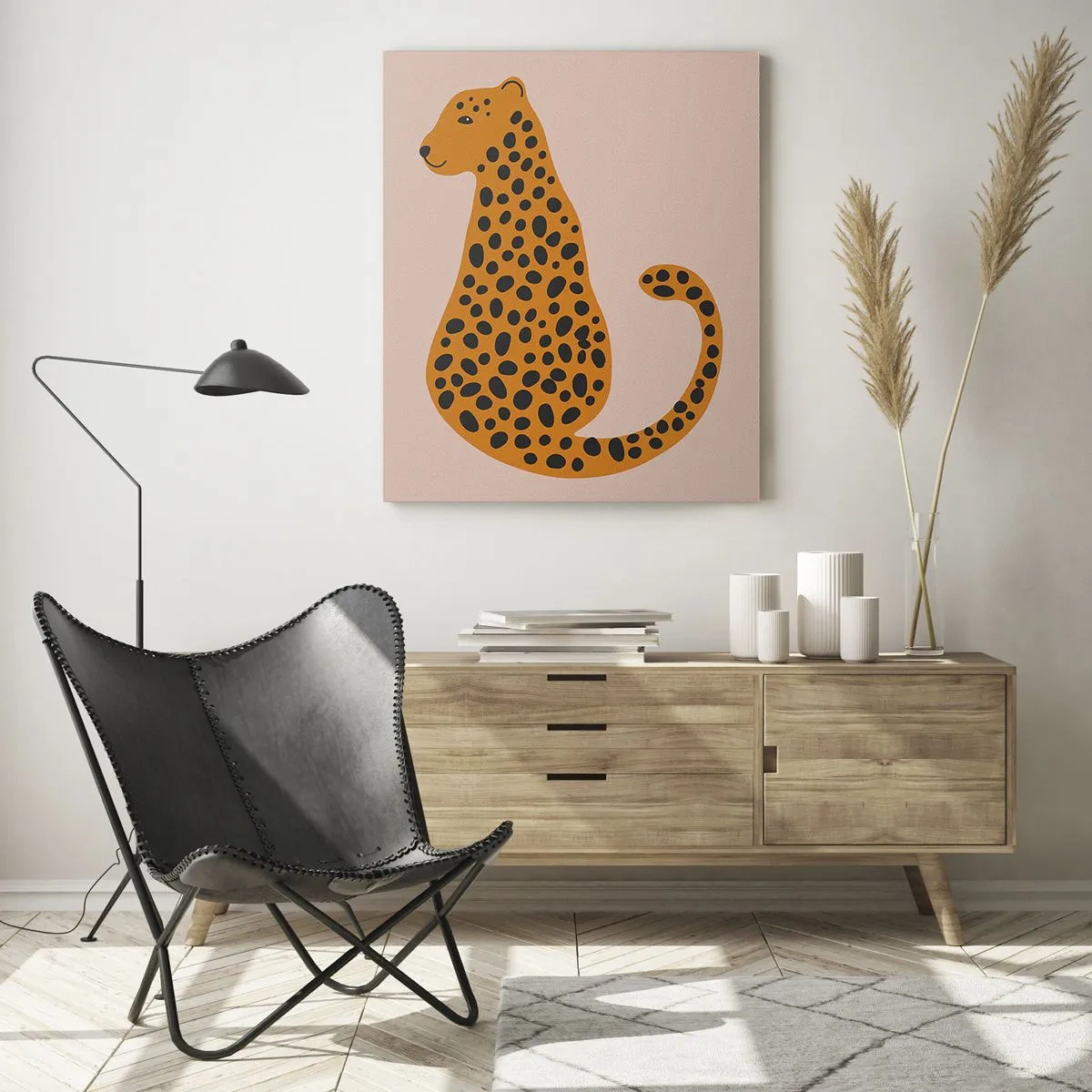 Glasbild - Bild auf glas - Eine minimalistische Zeichnung eines Panthers auf beigem Hintergrund - 80x120cm - Leopardenmuster ist ein modisches Muster - Moderne Wanddekoration für Wohnzimmer und Schlafzimmer ARTTOR