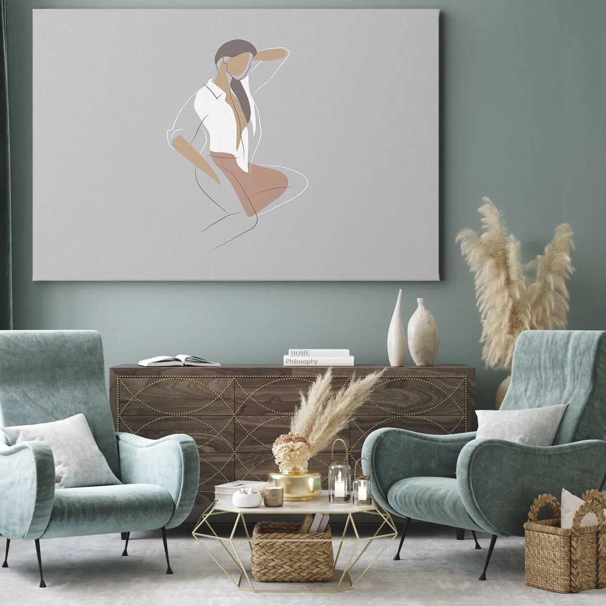 Bild auf Leinwand - Leinwandbild - Ein minimalistisches Frauenporträt in Pastellfarben. - 70x50cm - Umriss der Anmut - Moderne Wanddekoration für Wohnzimmer und Schlafzimmer ARTTOR
