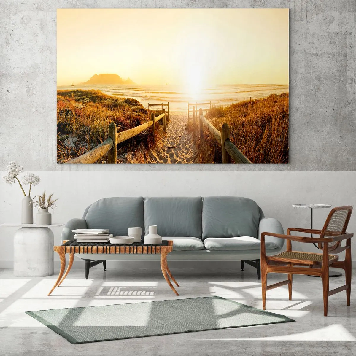 Glasbild - Bild auf glas - Weg über die Düne zum Strand bei Sonnenuntergang - 100x70cm - Über die Düne, der Sonne entgegen - Moderne Wanddekoration für Wohnzimmer und Schlafzimmer ARTTOR