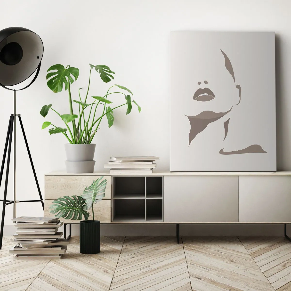 Bild auf Leinwand - Leinwandbild - Minimalistische Kontur eines Frauengesichts in zarten Beigetönen - 50x70cm - Aus Licht und Schatten - Moderne Wanddekoration für Wohnzimmer und Schlafzimmer ARTTOR