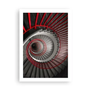 Poster - Wendeltreppe in Schwarz und Weiß mit roten Handläufen - 50x70cm - Architekturspaß - Moderne Wanddekoration für Wohnzimmer und Schlafzimmer ARTTOR