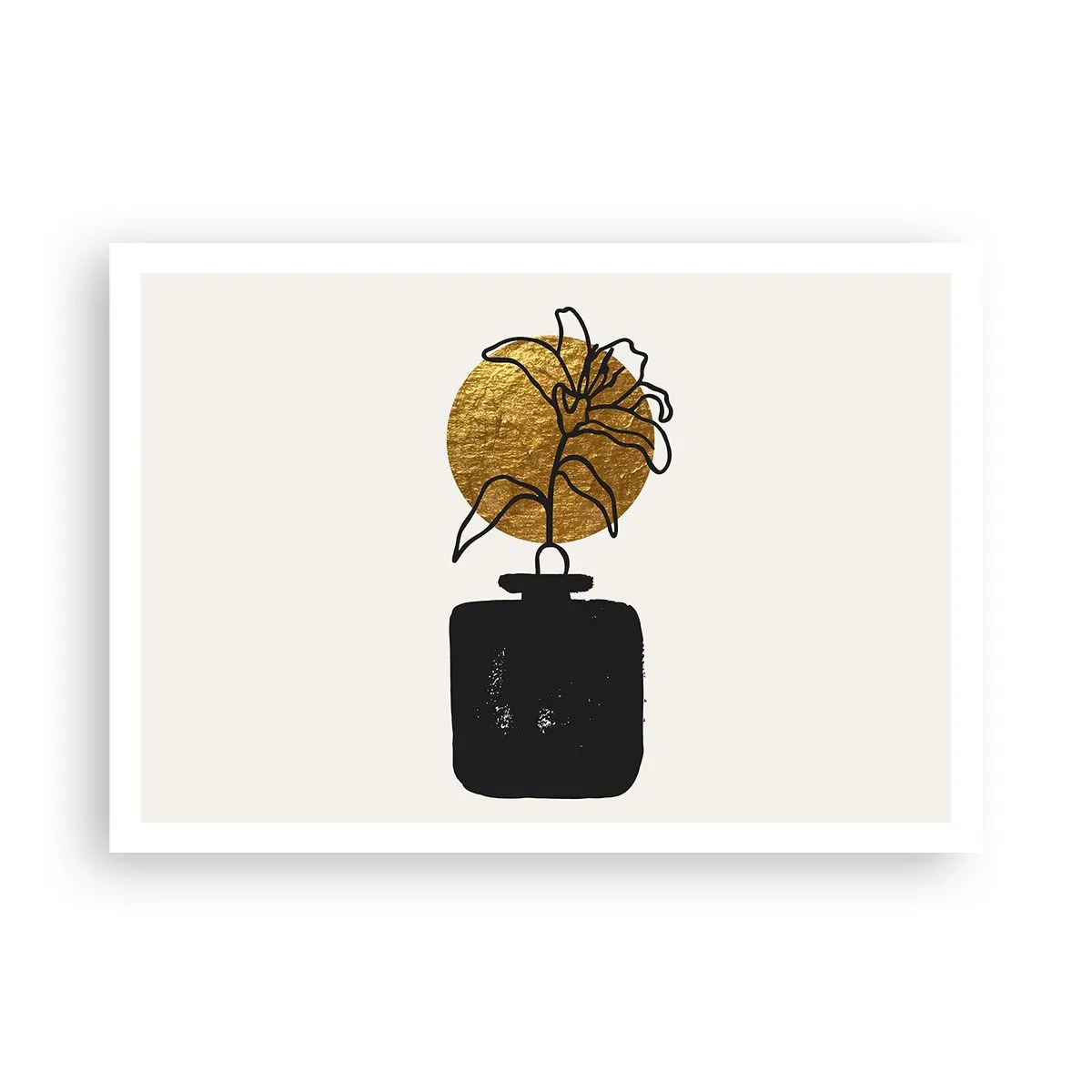 Poster - Eine Zeichnung einer Blume in einer Vase vor einem goldenen Kreishintergrund - 100x70cm - Schönheit ist Gold wert - Moderne Wanddekoration für Wohnzimmer und Schlafzimmer ARTTOR