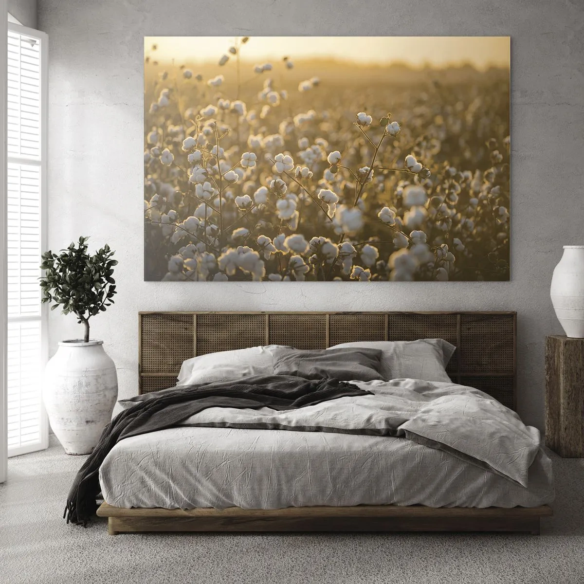 Glasbild - Bild auf glas - Baumwollfeld bei Sonnenuntergang - 120x80cm - Fluffiges Feld - Moderne Wanddekoration für Wohnzimmer und Schlafzimmer ARTTOR