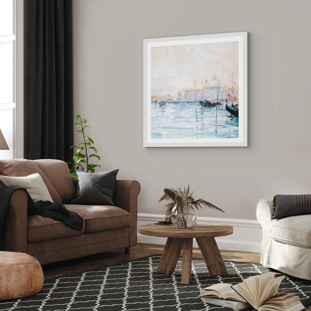 Poster in einem weißen Rahmen - Hinter dem Wasser, hinter dem Nebel - 60x60 cm