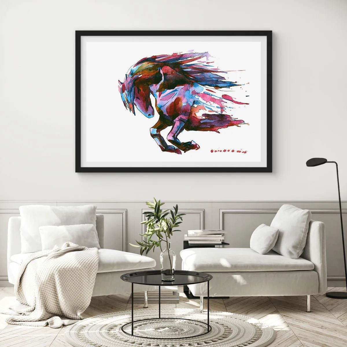 Poster in einem schwarzem Rahmen - Ein Pferd in dynamischen abstrakten Farben symbolisiert Freiheit - 100x70cm - In Verzückung - Moderne Wanddekoration für Wohnzimmer und Schlafzimmer ARTTOR