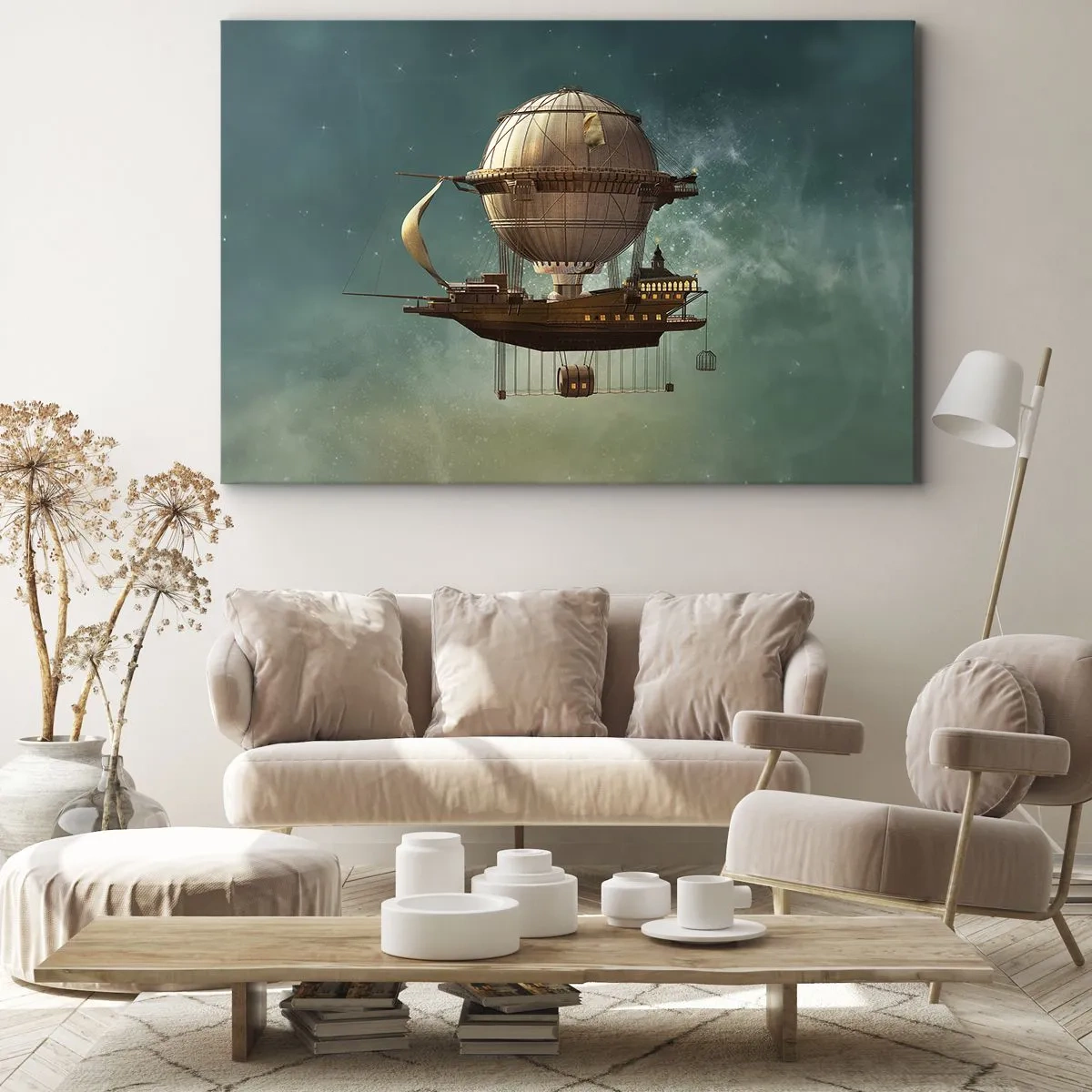 Bild auf Leinwand - Leinwandbild - Ein fantastisches Luftschiff vor dem grünlichen Himmel - 120x80cm - Jules Verne sagt Hallo - Moderne Wanddekoration für Wohnzimmer und Schlafzimmer ARTTOR