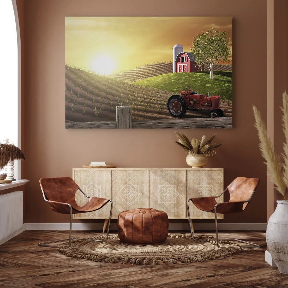 Bild auf Leinwand - Leinwandbild - Ländliche Landschaft mit einer roten Scheune, Traktor und Sonnenaufgang - 120x80cm - Ein Bauernhof wie aus einem Märchen - Moderne Wanddekoration für Wohnzimmer und Schlafzimmer ARTTOR
