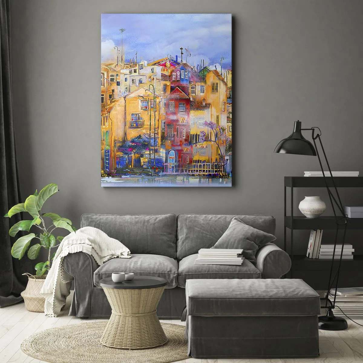 Bild auf Leinwand - Leinwandbild - Farbenfrohe Stadtgebäude im künstlerischen Stil - 50x70cm - Wir sind zusammen - Moderne Wanddekoration für Wohnzimmer und Schlafzimmer ARTTOR