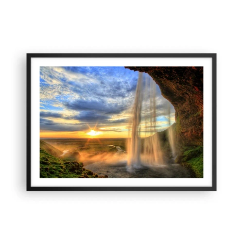 Poster in einem schwarzem Rahmen - Ein vom Sonnenlicht beleuchteter Wasserfall vor einer Landschaftskulisse - 70x50cm - Die Welt hinter einem Schleier aus Tropfen - Moderne Wanddekoration für Wohnzimmer und Schlafzimmer ARTTOR