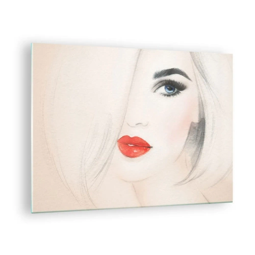 Glasbild - Bild auf glas - Porträt einer Frau mit hellem Haar, roten Lippen und blauen Augen - 70x50cm - Es hypnotisiert und berauscht - Moderne Wanddekoration für Wohnzimmer und Schlafzimmer ARTTOR