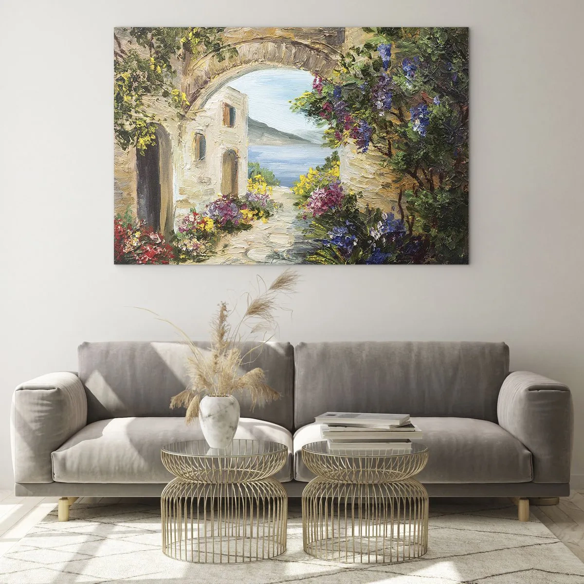 Glasbild - Bild auf glas - Eine malerische Straße mit Blick auf den See - 100x70cm - Charme einer Küstenprovinz - Moderne Wanddekoration für Wohnzimmer und Schlafzimmer ARTTOR