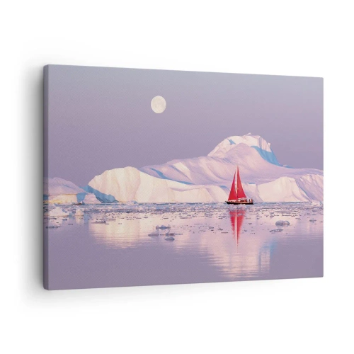 Bild auf Leinwand - Leinwandbild - Ein rotes Segel vor der Kulisse eisiger Berge und eines Vollmonds. - 70x50cm - Die Hitze des Segels, die Kälte des Eises - Moderne Wanddekoration für Wohnzimmer und Schlafzimmer ARTTOR