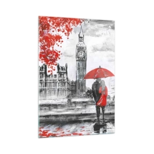 Glasbild - Bild auf glas - Ein Paar unter einem roten Regenschirm mit Big Ben und Herbstbäumen im Hintergrund. - 50x70cm - Verliebt in London - Moderne Wanddekoration für Wohnzimmer und Schlafzimmer ARTTOR