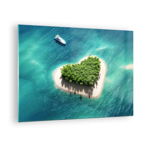 Glasbild - Bild auf glas - Illustration einer herzförmigen Insel mit einem Boot vor einem türkisfarbenen Meer - 70x50cm - ich liebe Sommer - Moderne Wanddekoration für Wohnzimmer und Schlafzimmer ARTTOR