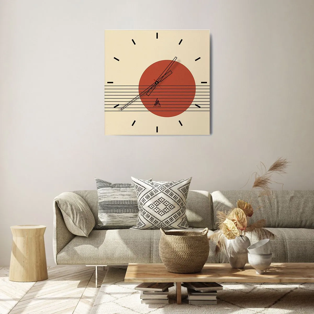 Wanduhr - Glasuhr - Abstrakter roter Kreis mit Linien auf beigem Hintergrund. - 30x30cm - Immer wieder und weiter - Moderne Wanddekoration für Wohnzimmer und Schlafzimmer ARTTOR