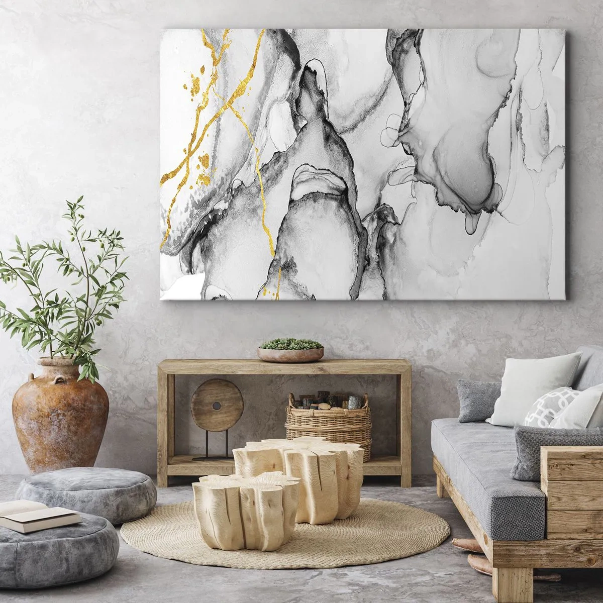 Bild auf Leinwand - Leinwandbild - Abstrakte schwarz-weiße Muster mit goldenen Akzenten - 120x80cm - Komposition mit Goldmotiv - Moderne Wanddekoration für Wohnzimmer und Schlafzimmer ARTTOR