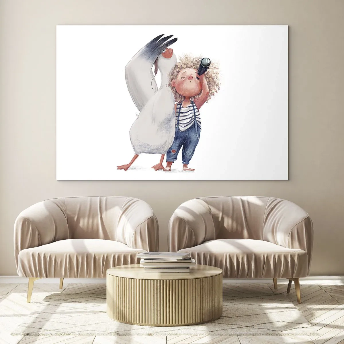 Glasbild - Bild auf glas - Baby mit Fernglas und Storch im lustigen Illustrationsstil - 100x70cm - Toller Reiseplan - Moderne Wanddekoration für Wohnzimmer und Schlafzimmer ARTTOR