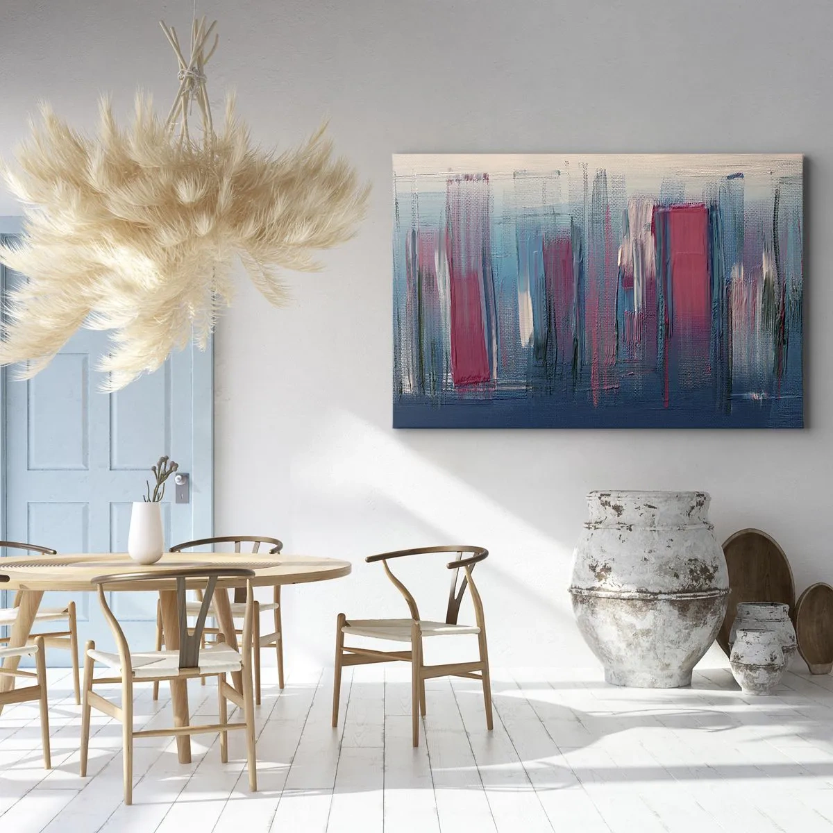 Bild auf Leinwand - Leinwandbild - Abstrakte vertikale Formen in Blau- und Rottönen - 70x50cm - Vertikale Komposition in Blau und Rot - Moderne Wanddekoration für Wohnzimmer und Schlafzimmer ARTTOR