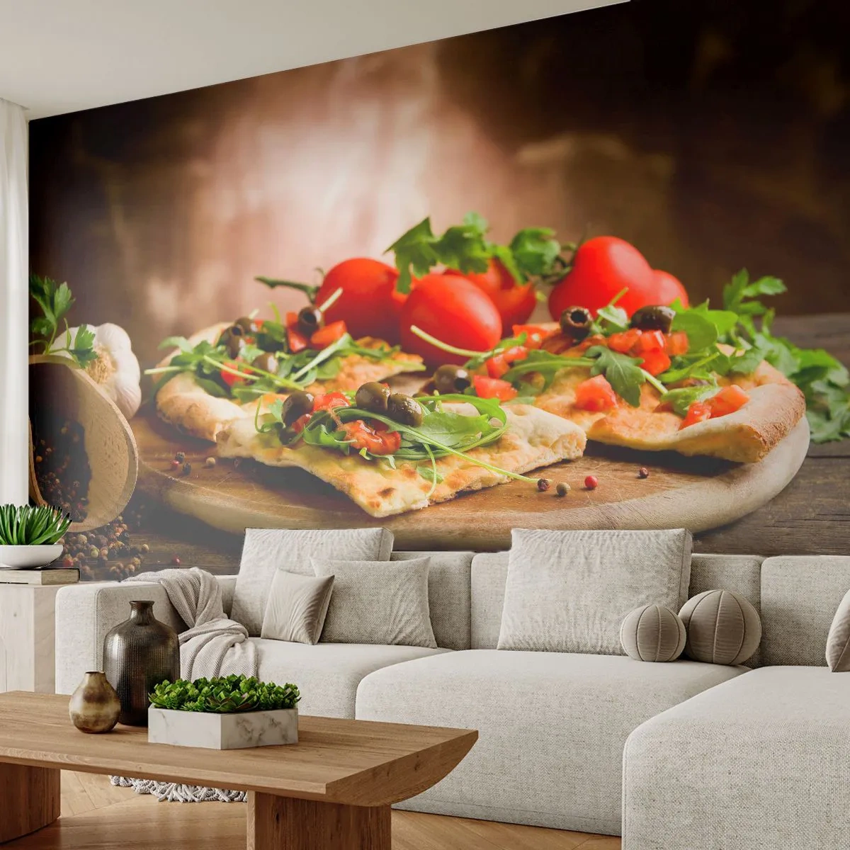 Fototapete Premium Canvas - Direkt vom Herd und aus dem Garten - Gastronomie, Pizza, Italien - 350x256 cm