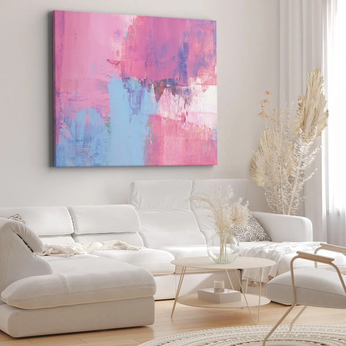 Bild auf Leinwand - Leinwandbild - Abstrakte Komposition in Pink und Blau - 70x50cm - Rosa, Blau und eine Prise Licht - Moderne Wanddekoration für Wohnzimmer und Schlafzimmer ARTTOR