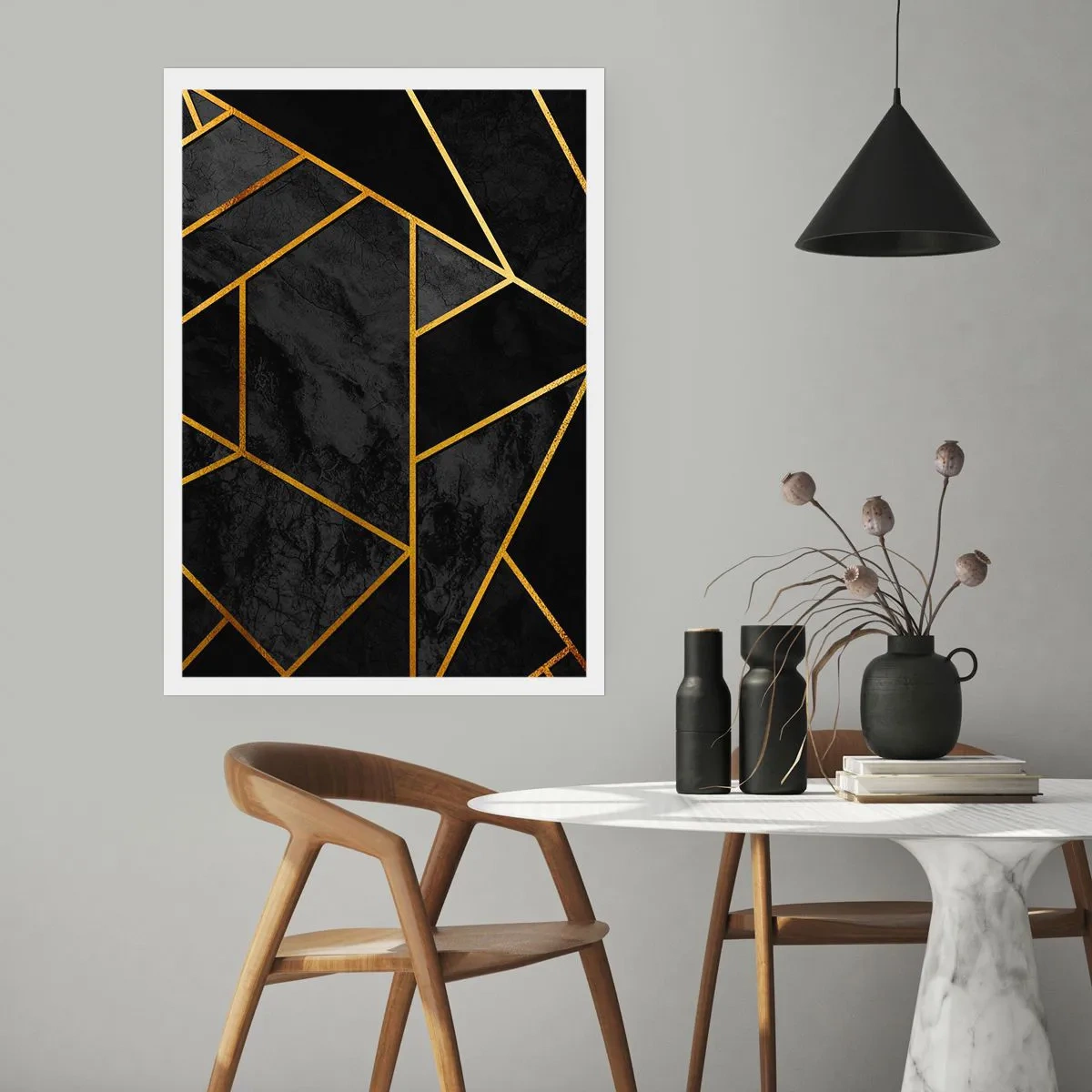 Poster - Geometrische Muster in Gold auf schwarzem Hintergrund - 50x70cm - Dunkelheit und Glanz - Moderne Wanddekoration für Wohnzimmer und Schlafzimmer ARTTOR