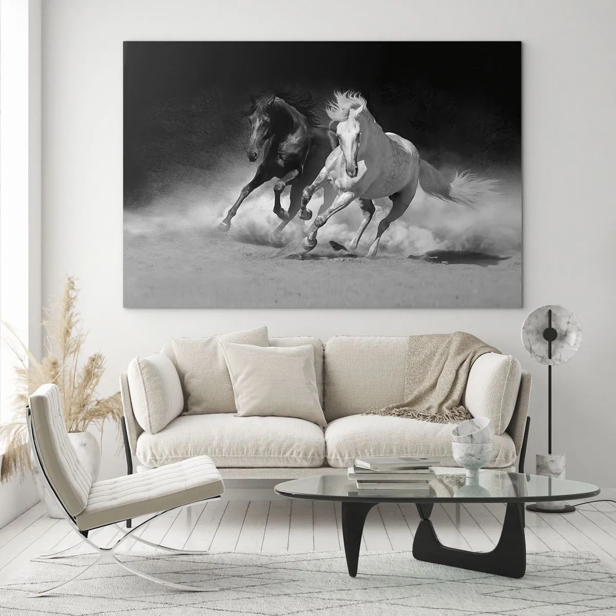 Glasbild - Bild auf glas - Laufende Pferde in Schwarz und Weiß - 100x70cm - Galopp der Freiheit - Moderne Wanddekoration für Wohnzimmer und Schlafzimmer ARTTOR