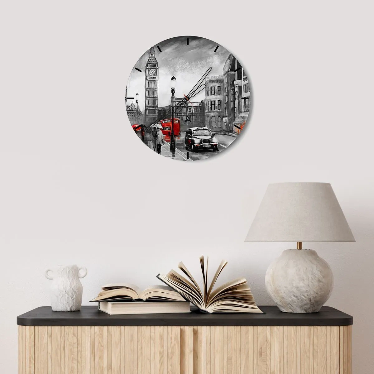 Wanduhr - Glasuhr - Big Ben und eine Londoner Straße mit einem roten Bus und Taxi - 30x30cm - Gar keine graue Stadt - Moderne Wanddekoration für Wohnzimmer, Küche und Schlafzimmer ARTTOR