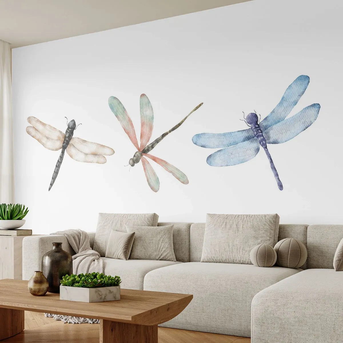 Fototapete Premium Sand - Drei Libellen in Pastellfarben auf weißem Hintergrund - 100x70cm - Schwerelose Libellen - Moderne Wanddekoration für Wohnzimmer und Schlafzimmer ARTTOR