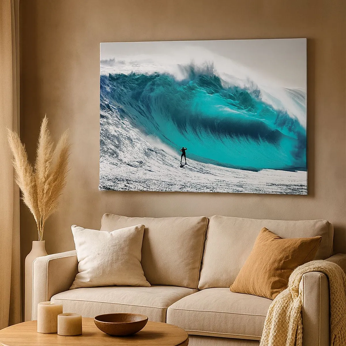 Bild auf Leinwand - Leinwandbild - Surfer vor einer riesigen Welle - 70x50cm - Herausforderung angenommen - Moderne Wanddekoration für Wohnzimmer und Schlafzimmer ARTTOR