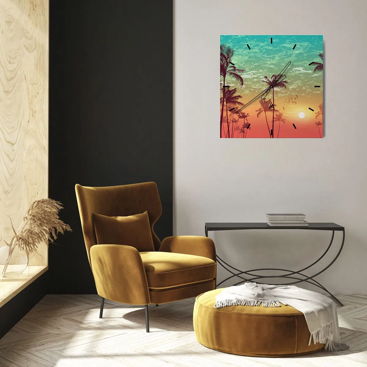 Wanduhr - Glasuhr - Sonnenuntergang mit Palmen vor einem bunten Himmel - 30x30cm - Tropische Stimmung - Moderne Wanddekoration für Wohnzimmer und Schlafzimmer ARTTOR