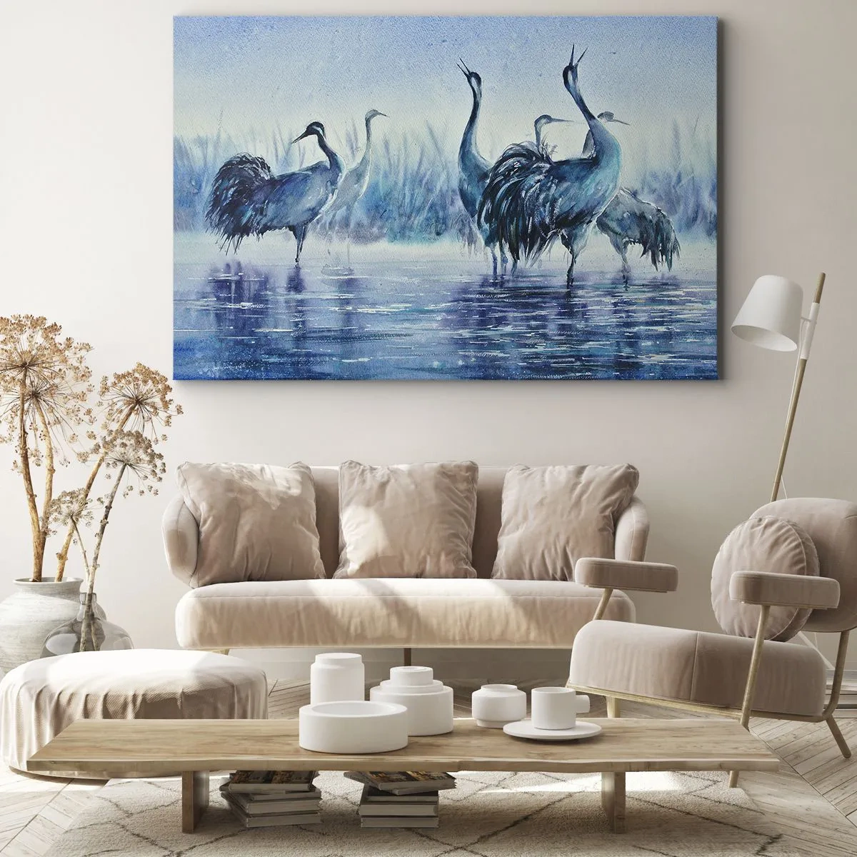 Bild auf Leinwand - Leinwandbild - Kräne vor dem Hintergrund von Nebel und Wasser in Blautönen - 70x50cm - Morgentliches Treffen - Moderne Wanddekoration für Wohnzimmer und Schlafzimmer ARTTOR