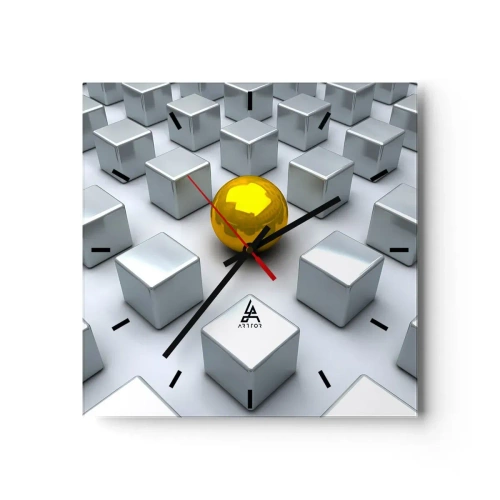 Wanduhr - Glasuhr - Eine goldene Kugel, die zwischen den silbernen Würfeln hervorsticht - 30x30cm - Warum ich? Geometrische Zusammensetzung - Moderne Wanddekoration für Wohnzimmer und Schlafzimmer ARTTOR