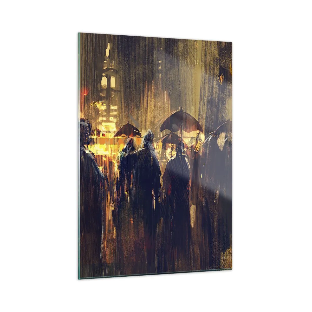 Glasbild - Bild auf glas - Eine Menschenmenge mit Regenschirmen im Regen vor der Kulisse der Lichter der Stadt - 50x70cm - Anhänger des Regens - Moderne Wanddekoration für Wohnzimmer und Schlafzimmer ARTTOR