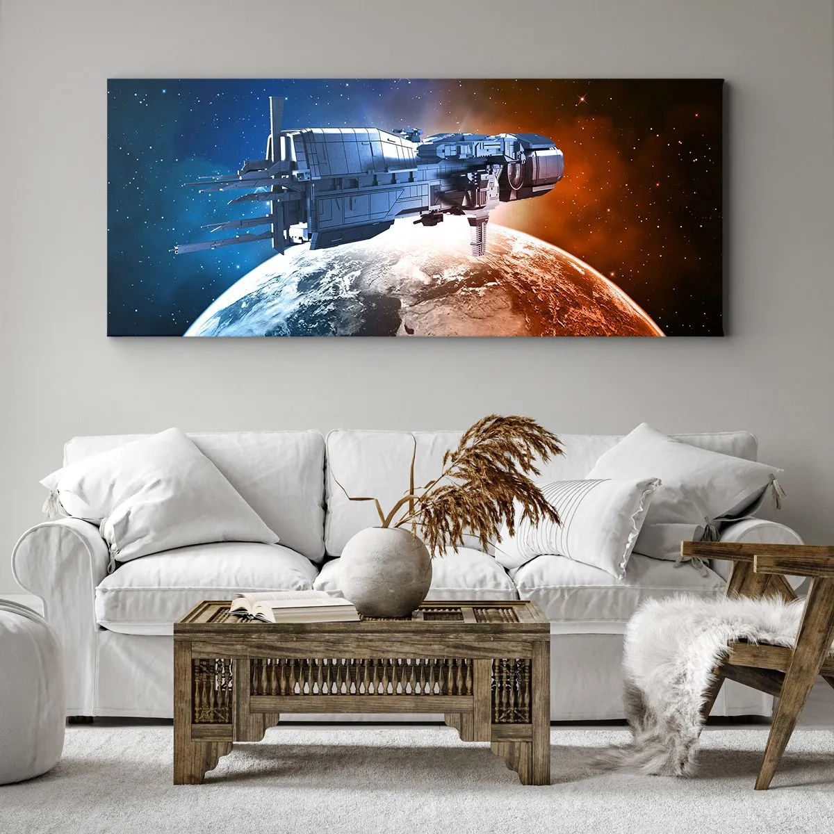 Bild auf Leinwand - Leinwandbild - Ein Raumschiff vor dem Hintergrund eines Planeten im Weltraum - 120x50cm - Ein aufmerksamer Beobachter - Moderne Wanddekoration für Wohnzimmer und Schlafzimmer ARTTOR