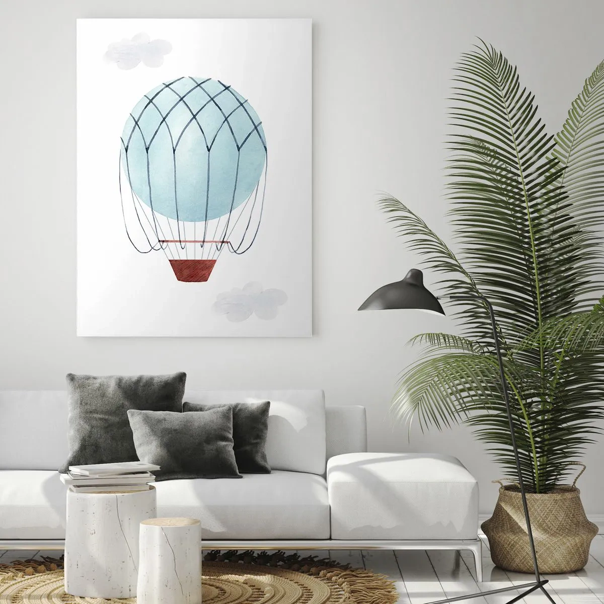 Glasbild - Bild auf glas - Ein handbemalter Ballon vor dem Hintergrund zarter Wolken. - 80x120cm - Ganz in den Wolken - Moderne Wanddekoration für Wohnzimmer und Schlafzimmer ARTTOR
