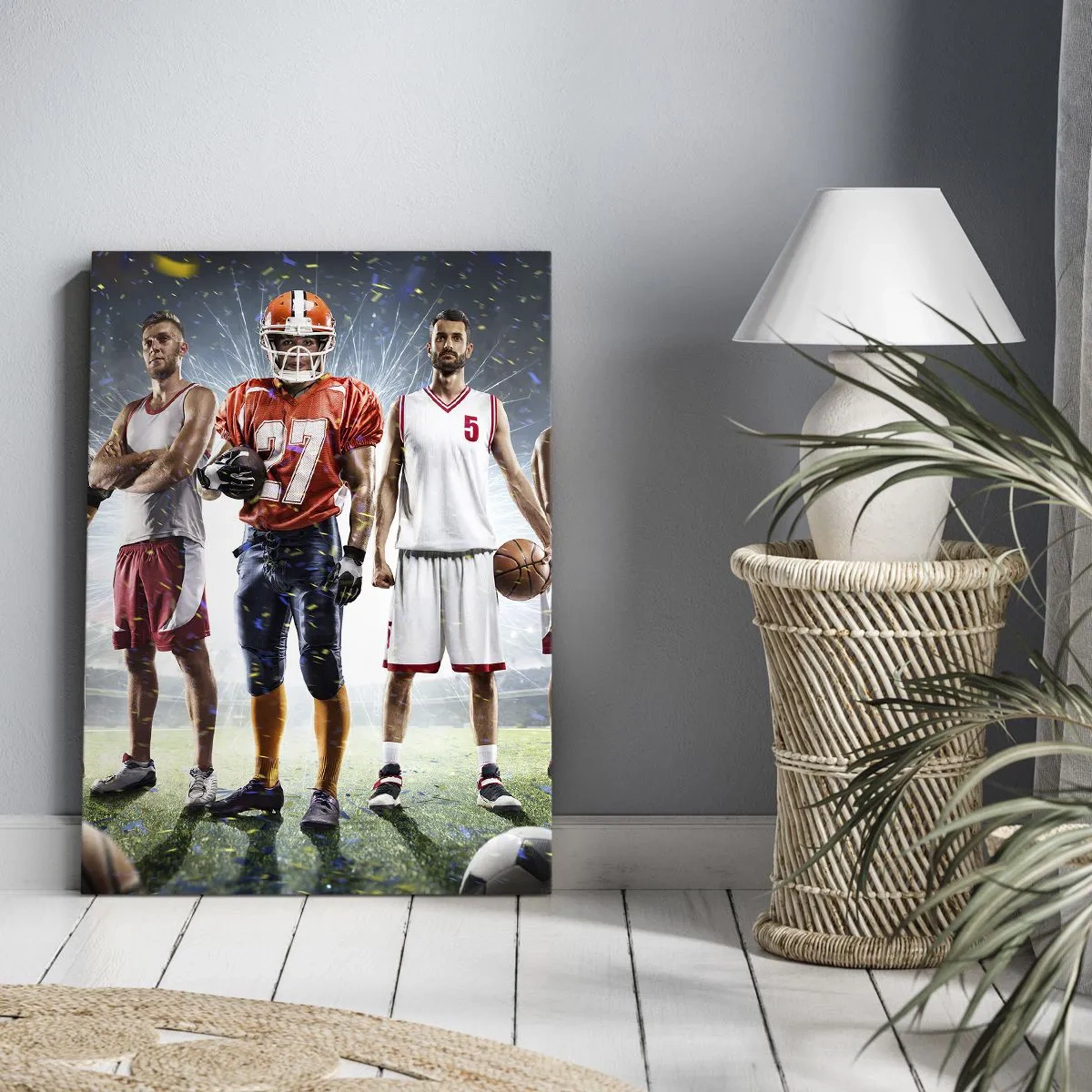 Bild auf Leinwand - Leinwandbild - Eine dynamische Szene von Athleten verschiedener Disziplinen im Stadion unter dem Scheinwerferlicht - 50x70cm - Feldgladiatoren - Moderne Wanddekoration für Wohnzimmer und Schlafzimmer ARTTOR