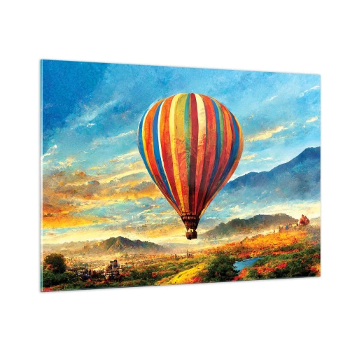 Glasbild - Bild auf glas - Ein bunter Ballon schwebt über einer Berglandschaft - 100x70cm - In der Stille sieht man mehr - Moderne Wanddekoration für Wohnzimmer und Schlafzimmer ARTTOR