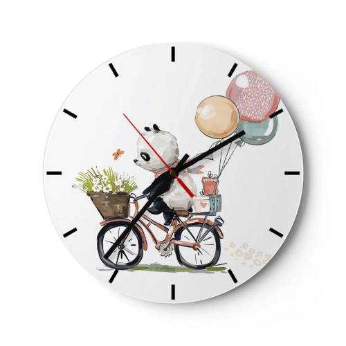 Wanduhr - Glasuhr - Panda auf einem Fahrrad mit Luftballons und einem Korb voller Blumen - 30x30cm - Glücklicher Tag - Moderne Wanddekoration für Wohnzimmer, Küche und Schlafzimmer ARTTOR