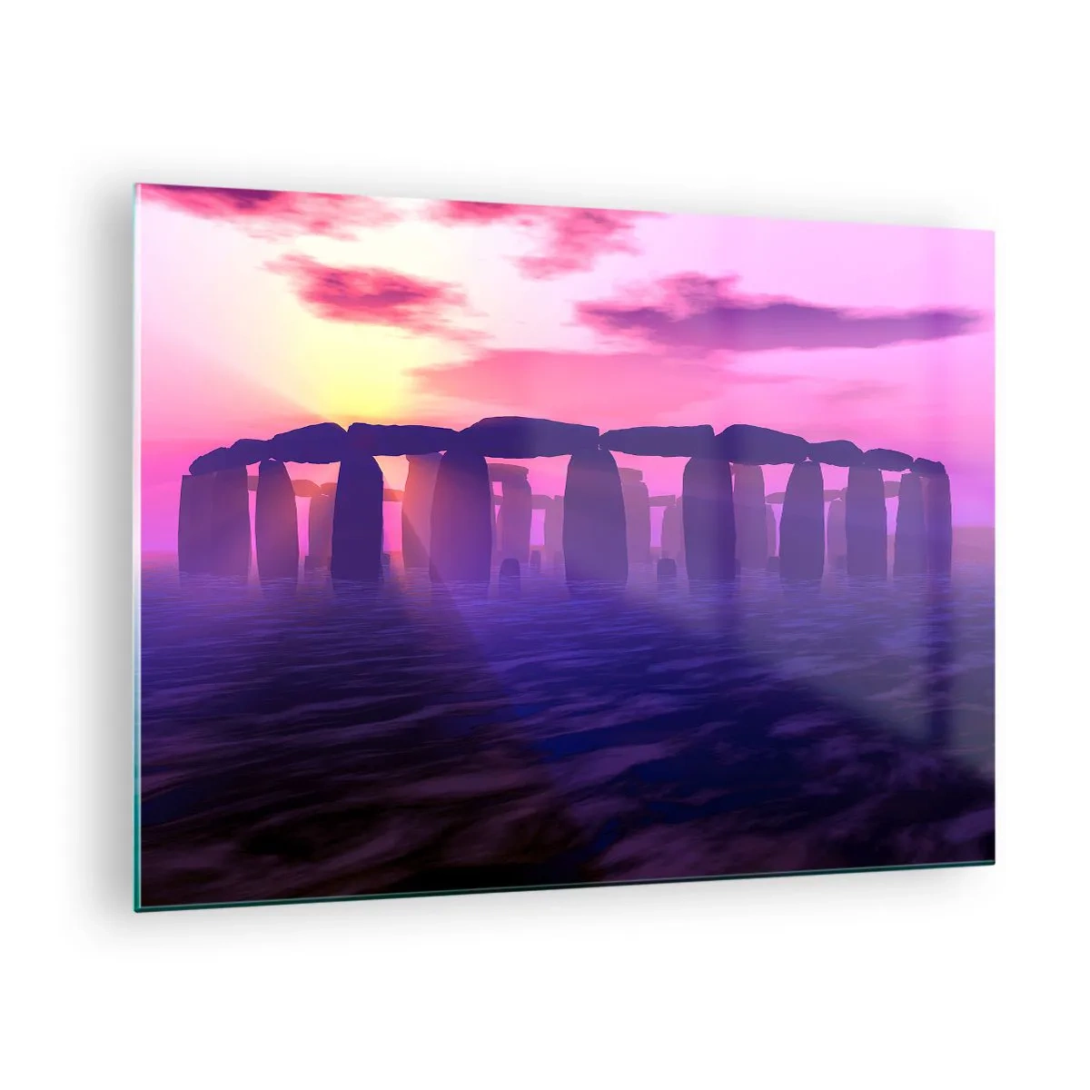 Glasbild - Bild auf glas - Stonehenge im Licht eines rosa Sonnenuntergangs - 70x50cm - Geheimnis im Morgengrauen im Nebel - Moderne Wanddekoration für Wohnzimmer und Schlafzimmer ARTTOR