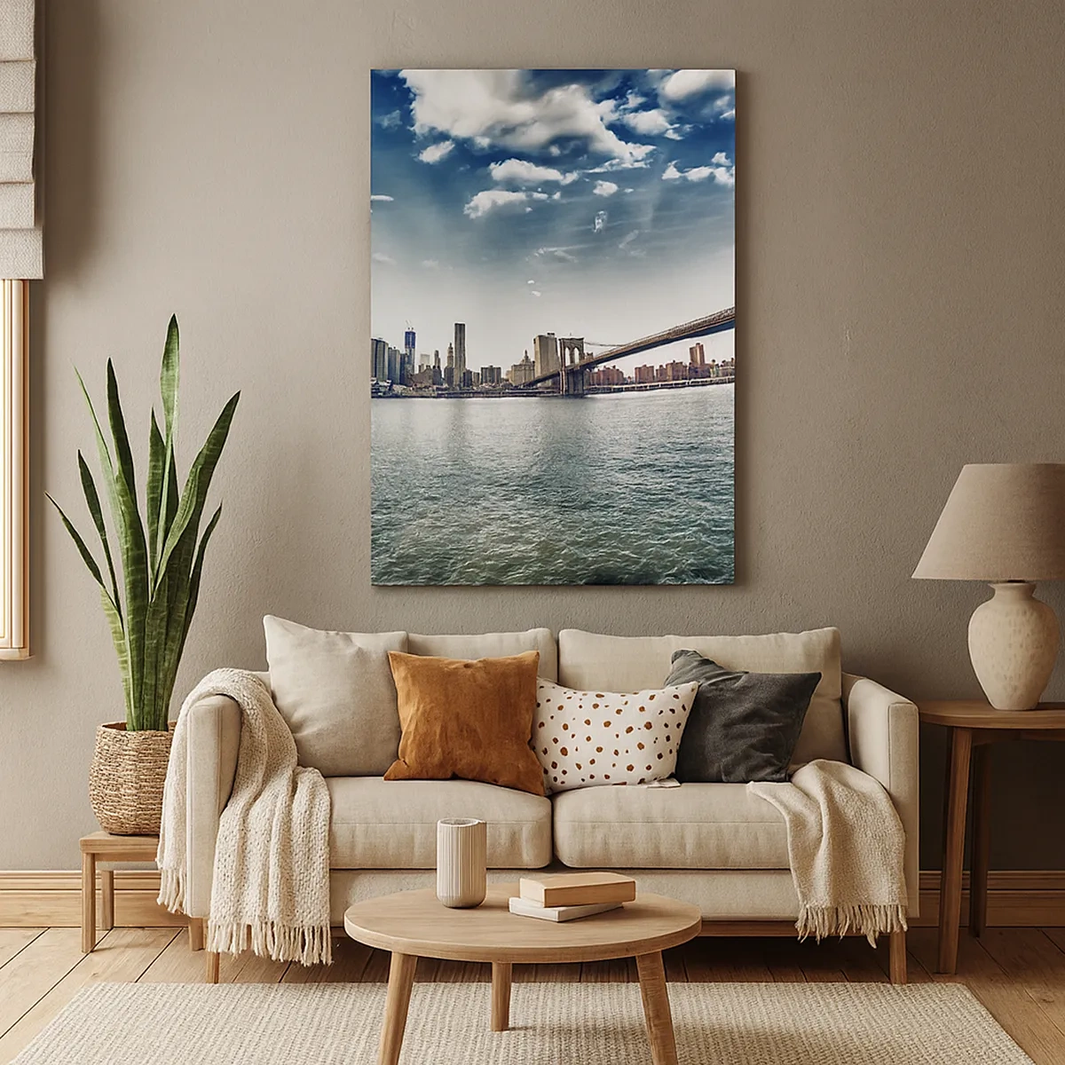 Bild auf Leinwand - Leinwandbild - Panorama der Stadt mit einer Brücke vor dem blauen Himmel - 50x70cm - Glasinsel - Moderne Wanddekoration für Wohnzimmer und Schlafzimmer ARTTOR