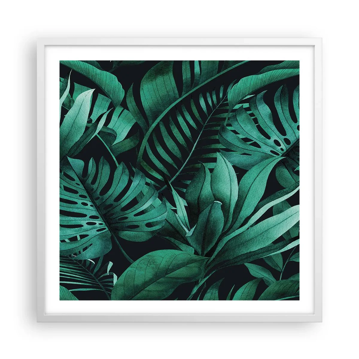 Poster in einem weißen Rahmen - Die Tiefe des tropischen Grüns - 60x60 cm