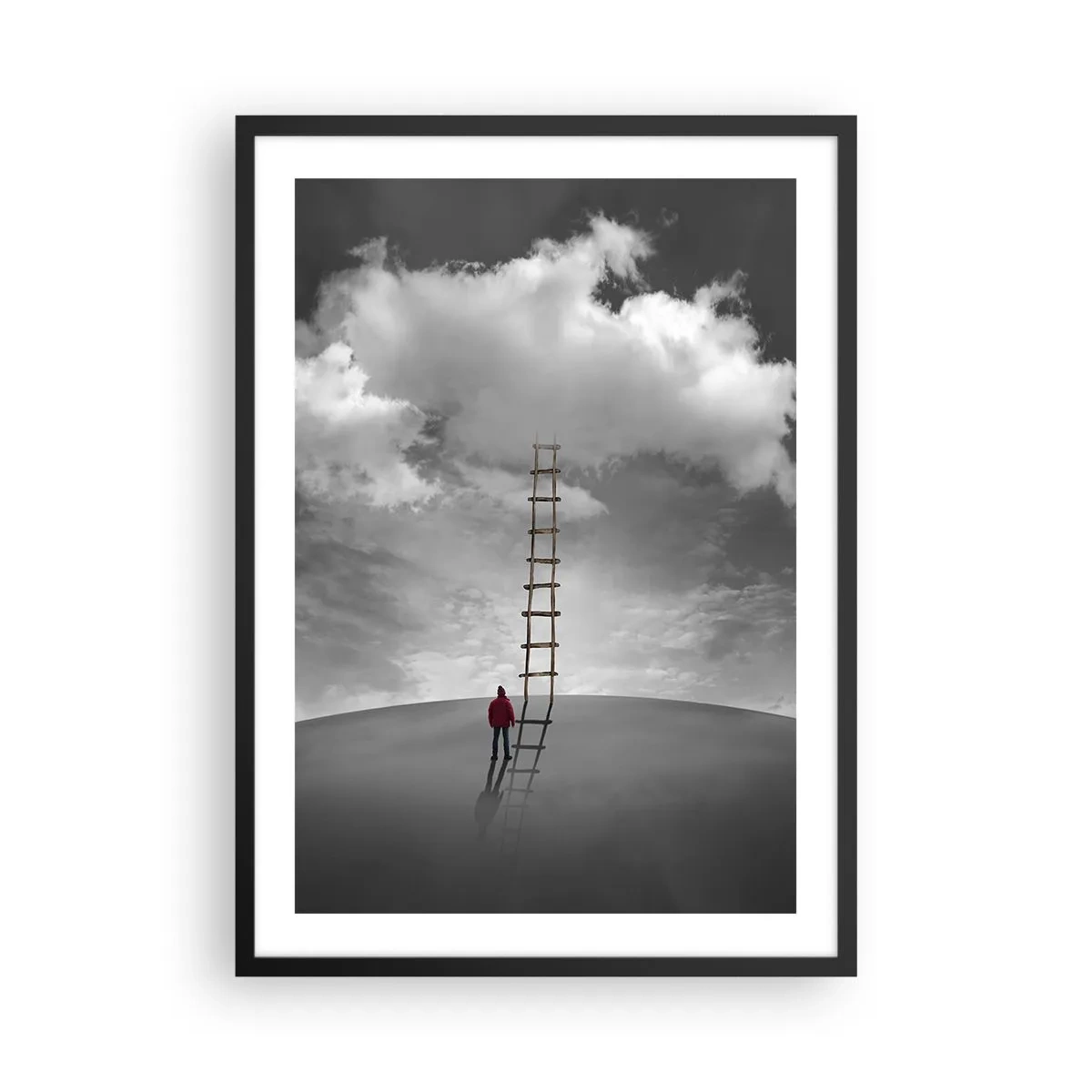 Poster in einem schwarzem Rahmen - Ein Mann steht neben einer Leiter, die zu den Wolken führt - 50x70cm - Alles ist möglich - Moderne Wanddekoration für Wohnzimmer und Schlafzimmer ARTTOR